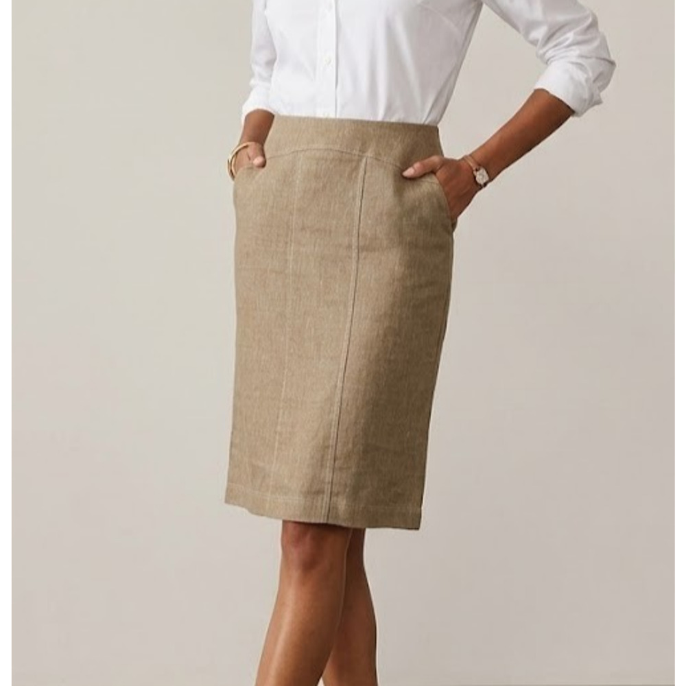 Karen Kane Skirt Size 2 Linen Blend Tan Khaki Pencil Midi Made in USA Minimalist